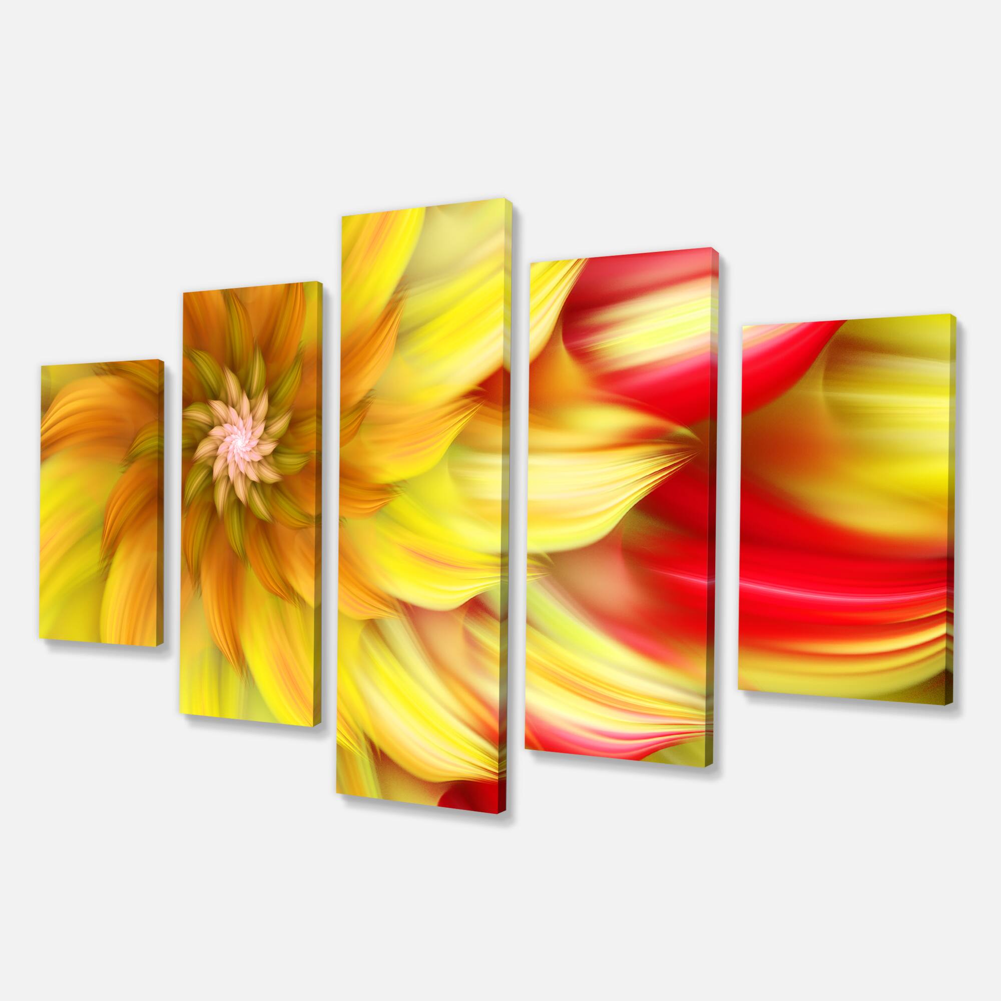 Designart - Rotating Yellow Red Fractal Flower - Large Floral Canvas Art Print